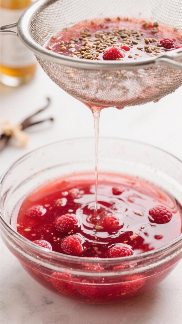 Close-up detail: Seedless, silky keto raspberry sauce being strained through a fine-mesh sieve into 