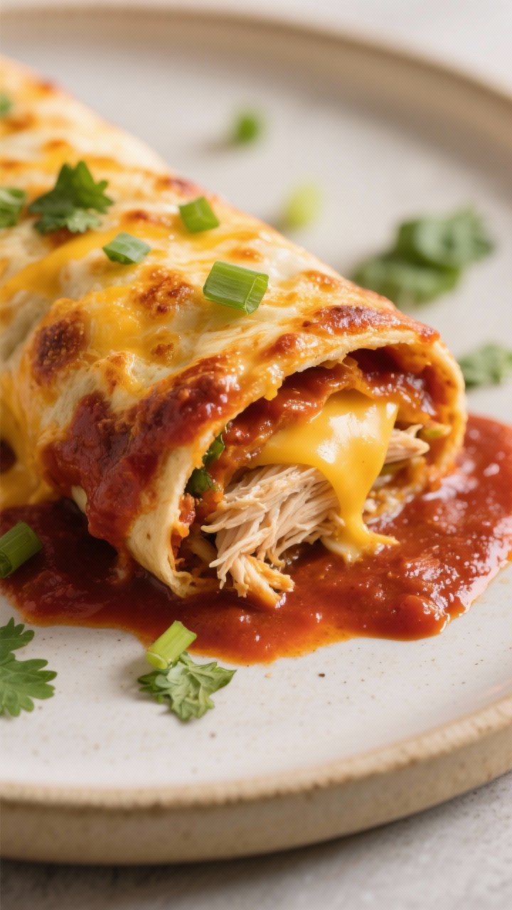Close-up detail: Shallow-depth-of-field shot of a just-baked keto chicken enchilada roll cut open to
