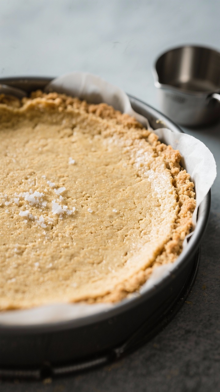 Close-up detail shot: A chilled almond-flour cheesecake crust pressed perfectly flat in a springform