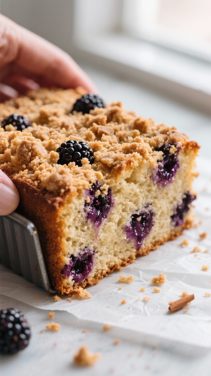 Close-up detail shot: A freshly baked square of blackberry coffee cake just lifted from the pan, sho