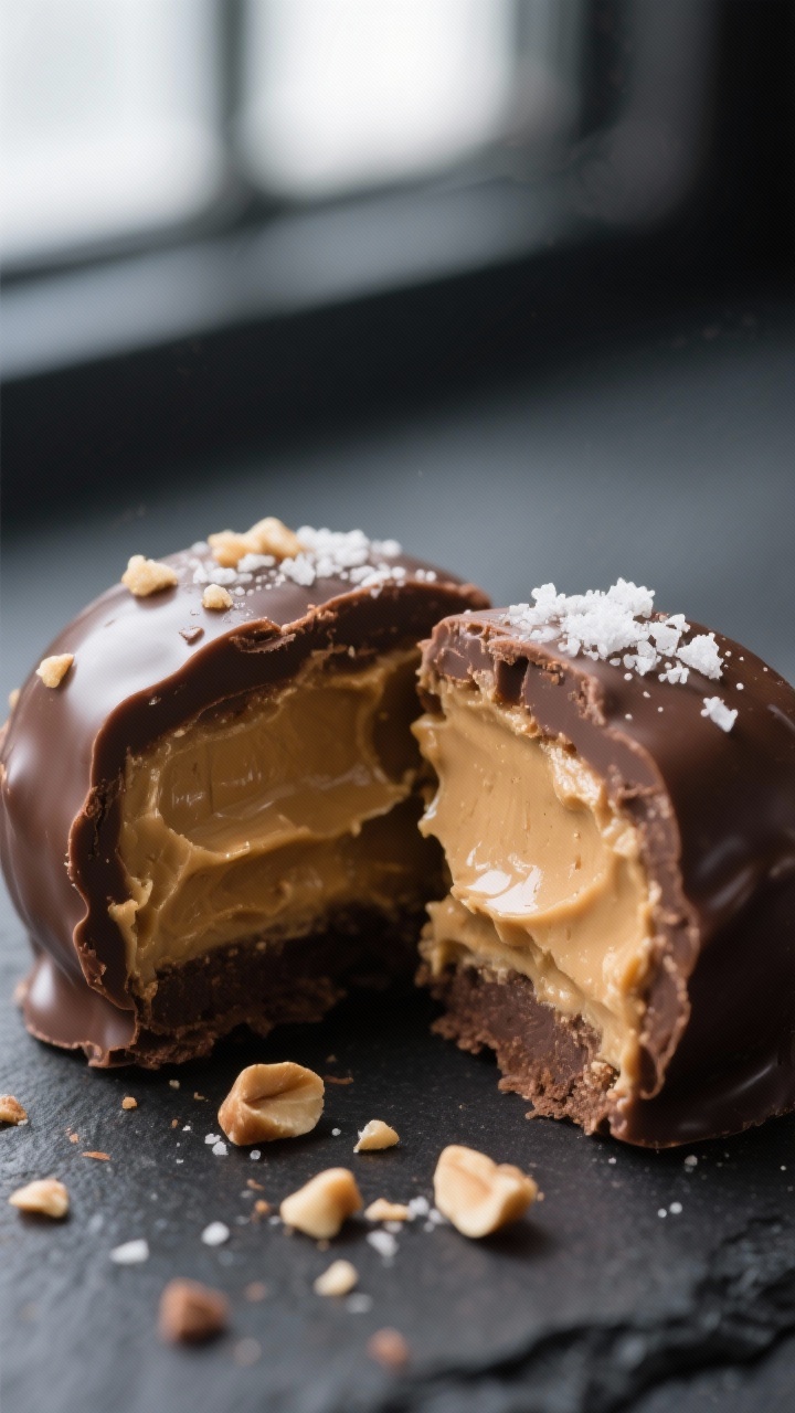 Close-up detail shot: A freshly set chocolate peanut butter fat bomb cut in half to reveal a smooth,