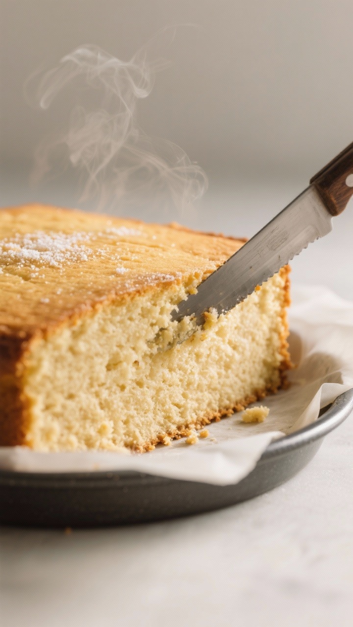 Close-up detail shot: A just-baked Keto Butter Cake square lifted slightly from a parchment-lined 8-