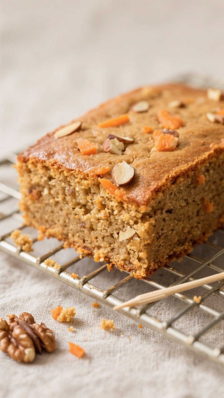 Close-up detail shot: A just-baked keto carrot cake square cooling on a wire rack, top set with a sl