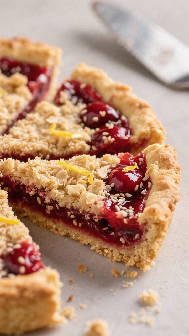 Close-up detail shot: A just-baked keto cherry pie bar sliced cleanly to reveal distinct layers—go