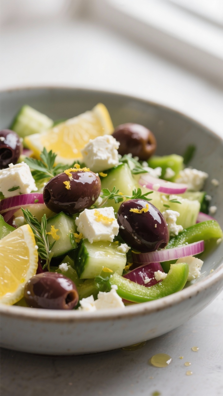 Close-up detail shot: A just-tossed Keto Greek Salad glistening with lemon–olive oil dressing, hig