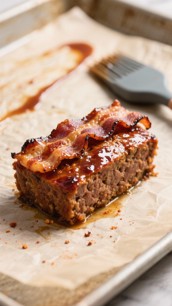 Close-up detail shot: A mini barbecue bacon meatloaf just out of the oven, bacon on top rendered and