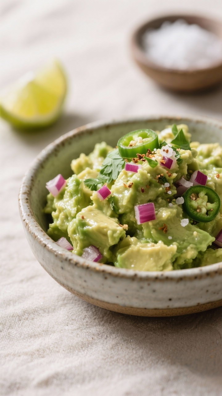 Close-up detail shot: A rustic ceramic bowl of freshly mashed keto guacamole, visibly chunky with cr