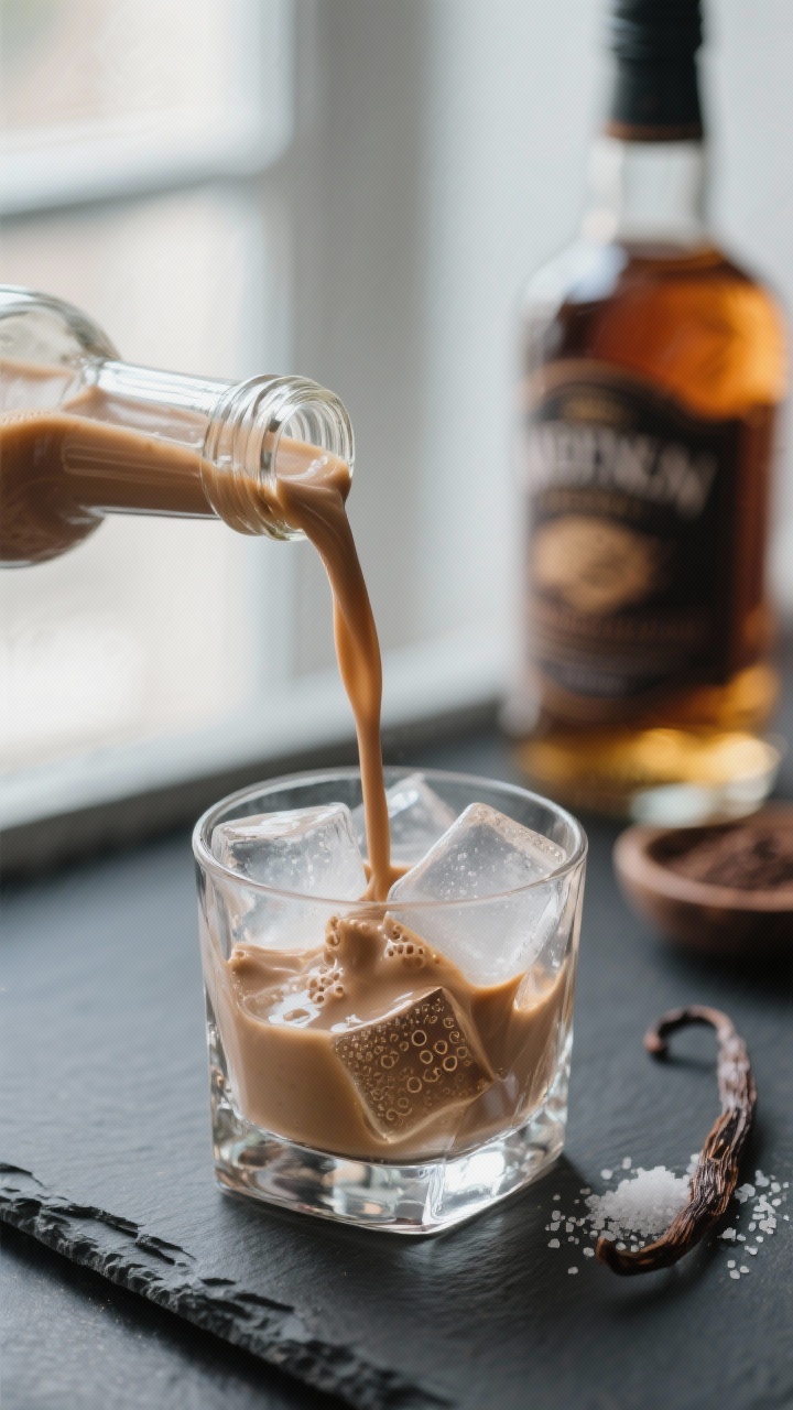 Close-up detail shot: A stream of silky keto Irish cream being poured from a glass bottle into a roc