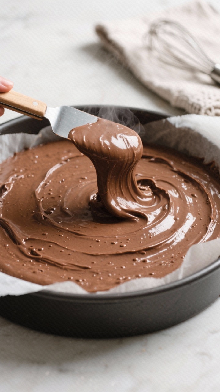 Close-up detail shot: A thick, glossy ribbon of keto chocolate cake batter being smoothed in an 8-in