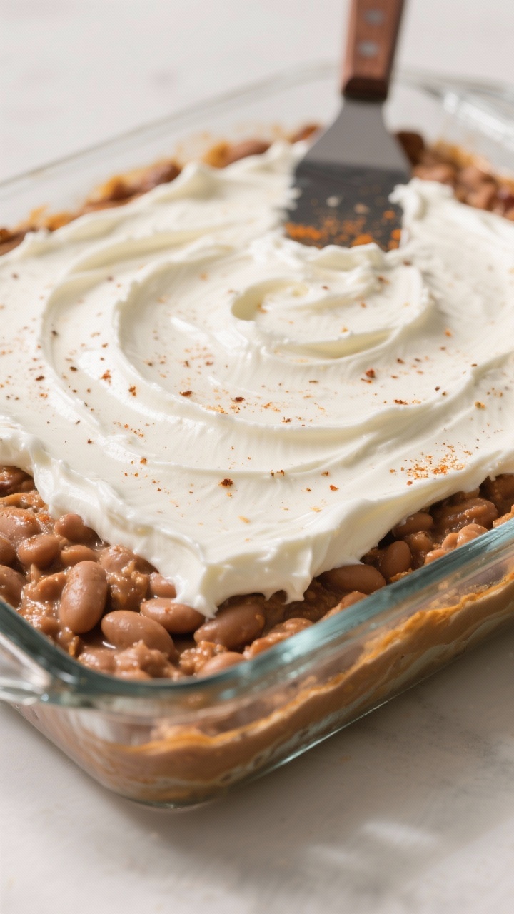 Close-up detail shot: a tidy glass 9x13 dish with the first two layers just completed—smooth refri