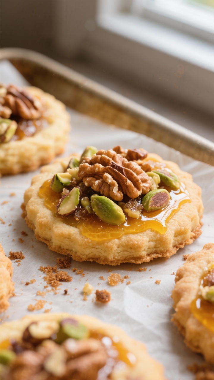 Close-up detail shot: freshly baked baklava cookies just out of the oven, golden-edged shortbread wi