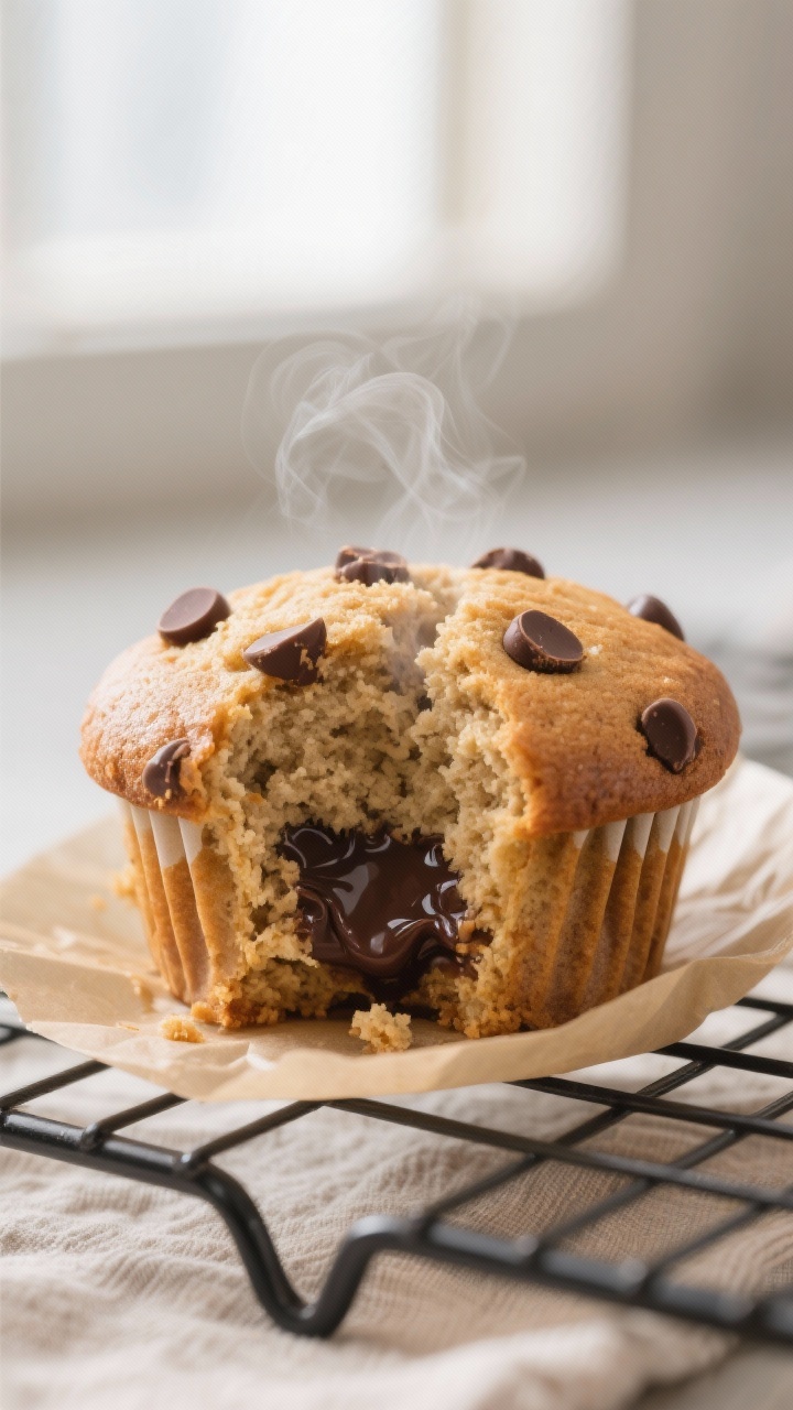Close-up detail shot: freshly baked keto chocolate chip muffin torn open to reveal a moist, tender a