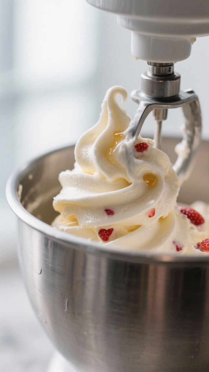 Close-up detail shot: freshly churned strawberry ricotta ice cream at soft-serve stage clinging to t