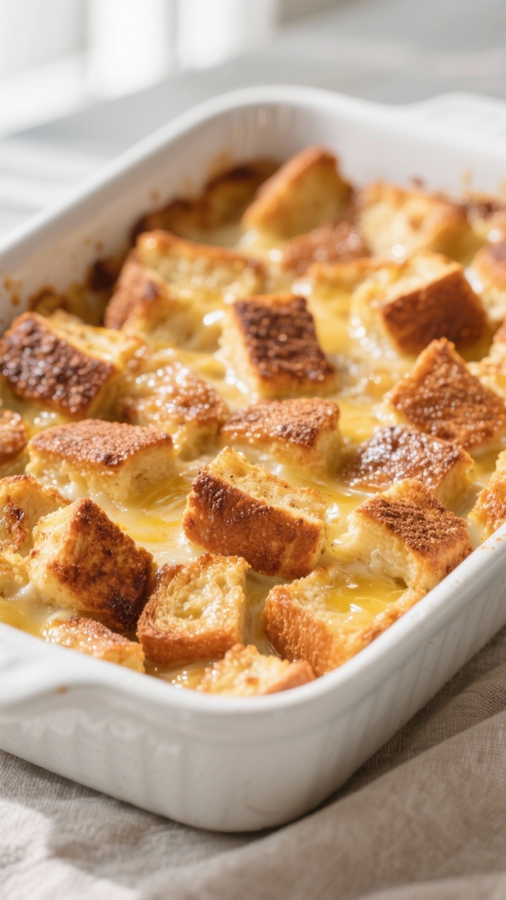 Close-up detail shot: Golden, baked Keto French Toast Casserole just out of the oven, showing carame