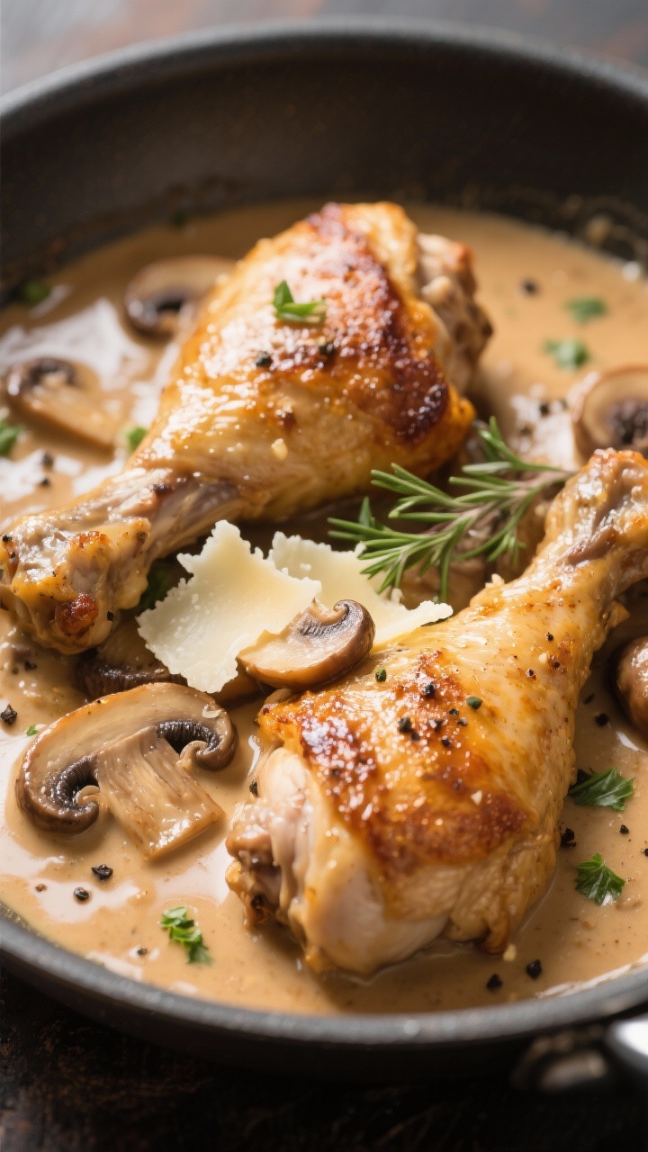 Close-up detail shot: Golden-browned chicken thighs nestled in a silky Marsala cream sauce with saut
