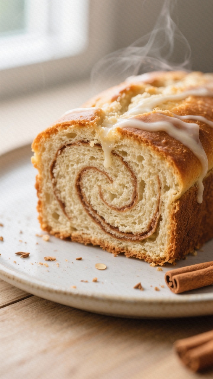 Close-up detail shot of a freshly baked keto cinnamon bread slice showing the tender crumb with a di