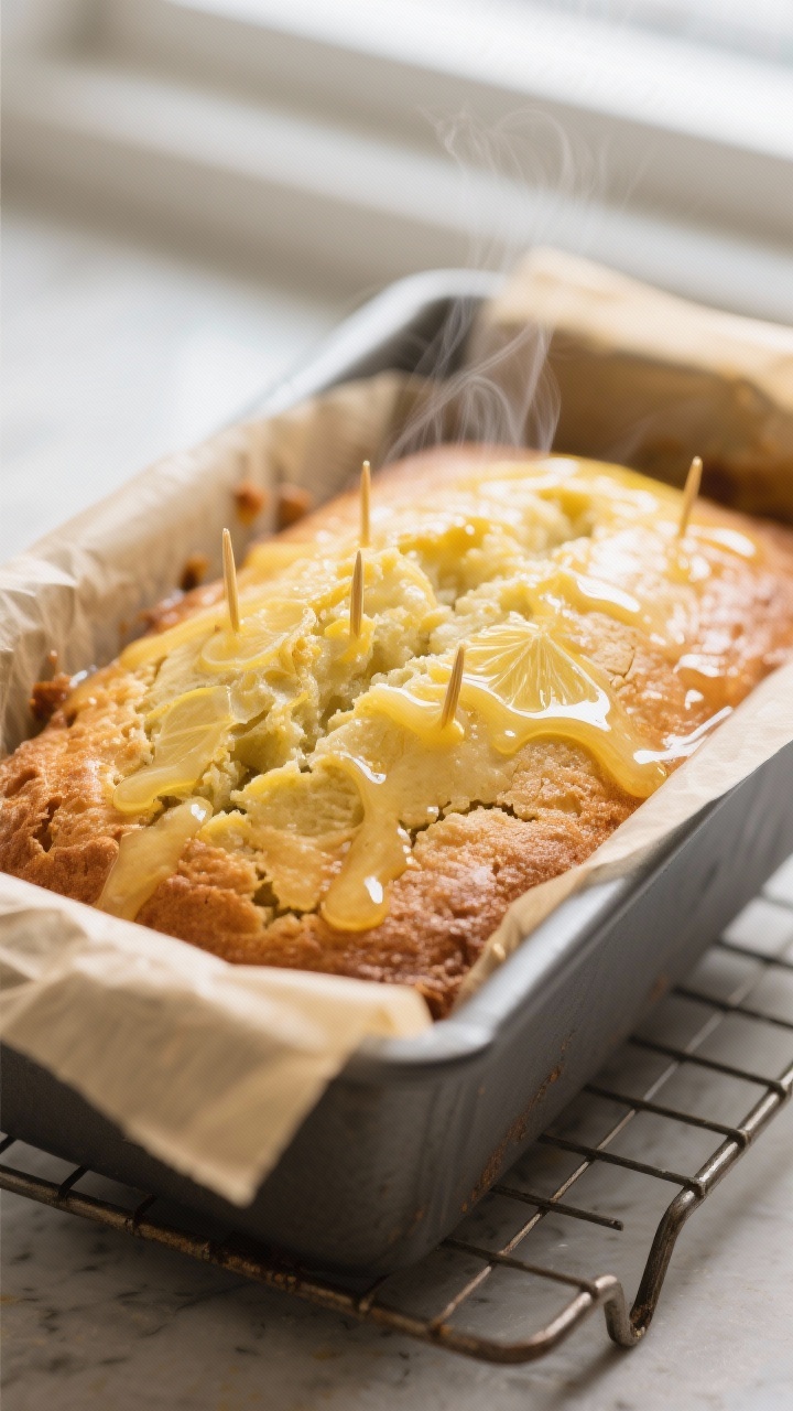 Close-up detail shot of a freshly baked lemon drizzle loaf still in the parchment-lined 9x5-inch pan