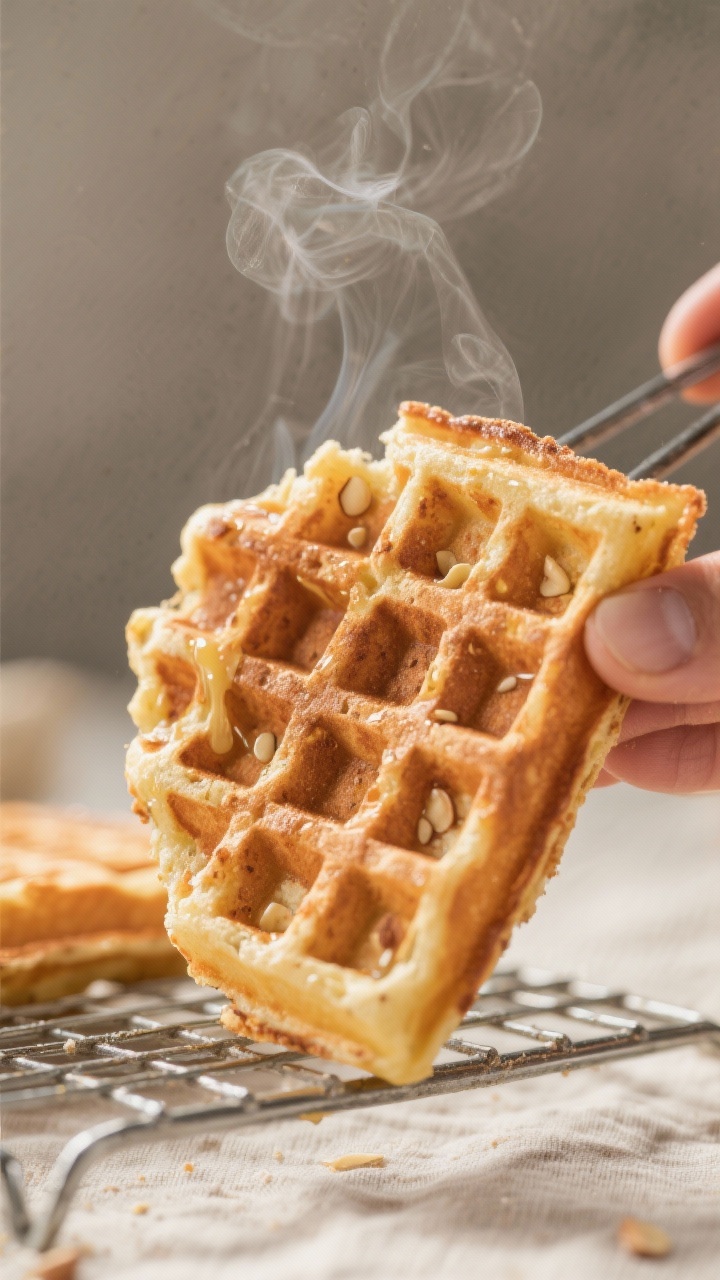 Close-up detail shot of a freshly cooked low carb waffle segment held on a wire rack, steam gently e