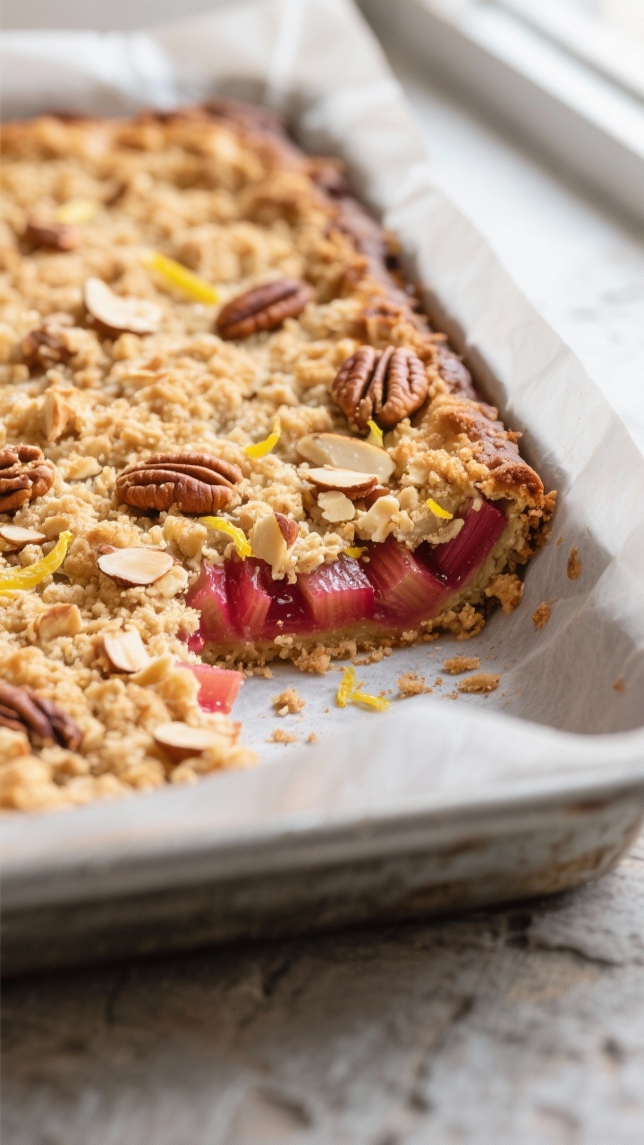 Close-up detail shot of a just-baked Keto Rhubarb Crumble Bar slab in the pan, crumble topping golde
