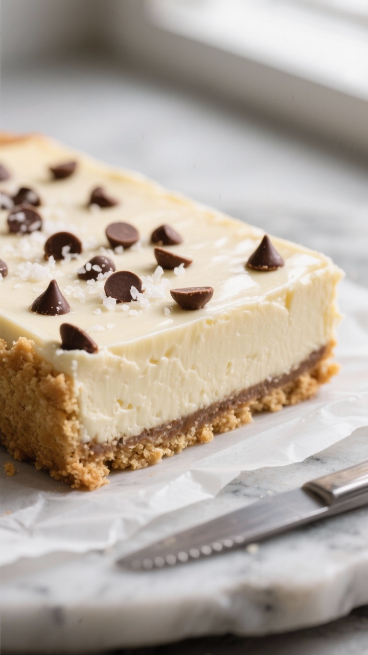 Close-up detail shot of a sliced Keto Chocolate Chip Cheesecake Bar just after chilling: silky, crea
