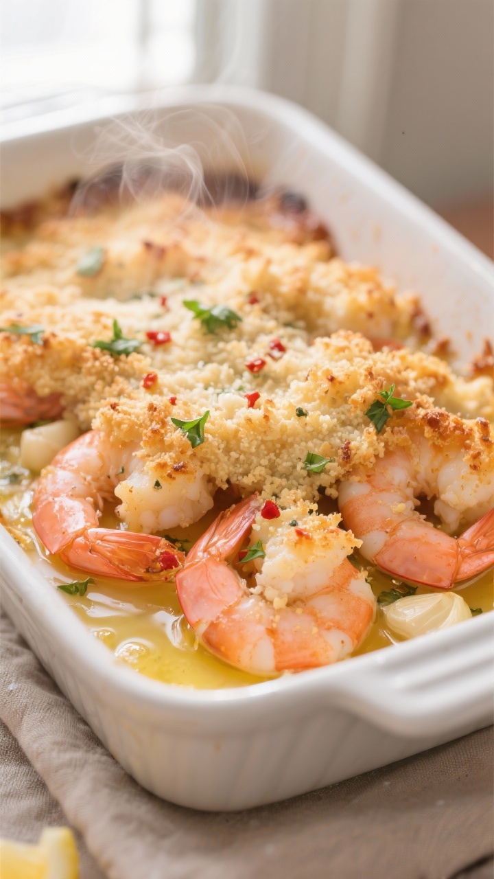 Close-up detail shot of baked shrimp scampi just out of the oven, showing pink, just-opaque shrimp n