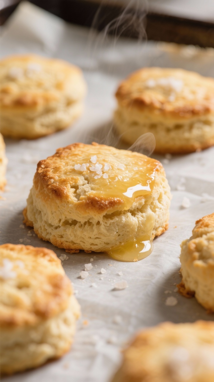 Close-up detail shot of freshly baked keto buttermilk biscuits just out of the oven on a parchment-l