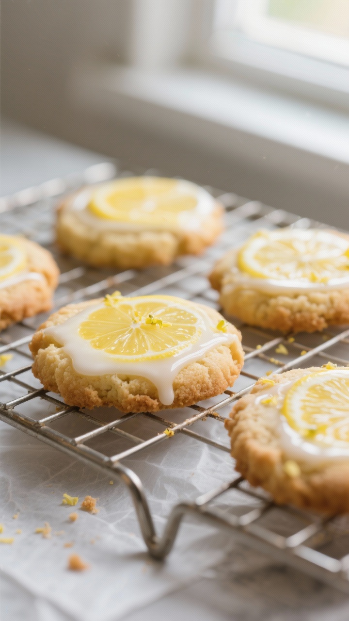 Close-up detail shot of freshly baked keto lemon cookies on a cooling rack, edges just turning golde