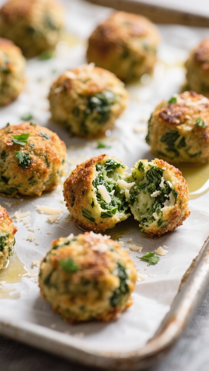 Close-up detail shot of freshly baked spinach balls just out of the oven, golden-brown and crisp on