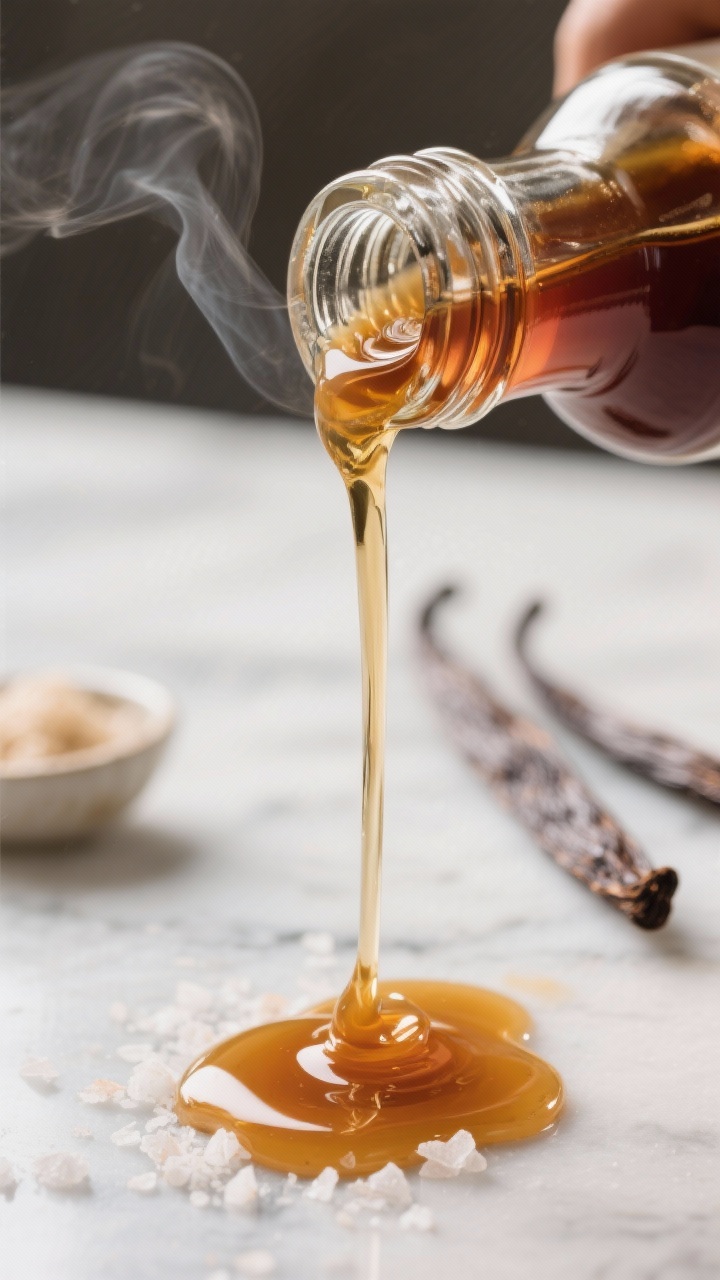 Close-up detail shot of freshly made keto vanilla coffee syrup being poured in a thin ribbon from a 