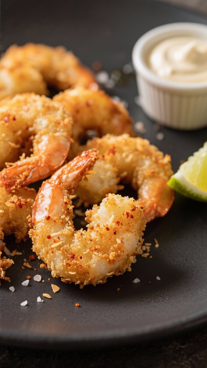 Close-up detail shot of golden, pan-fried keto coconut shrimp just out of the skillet, showing ultra