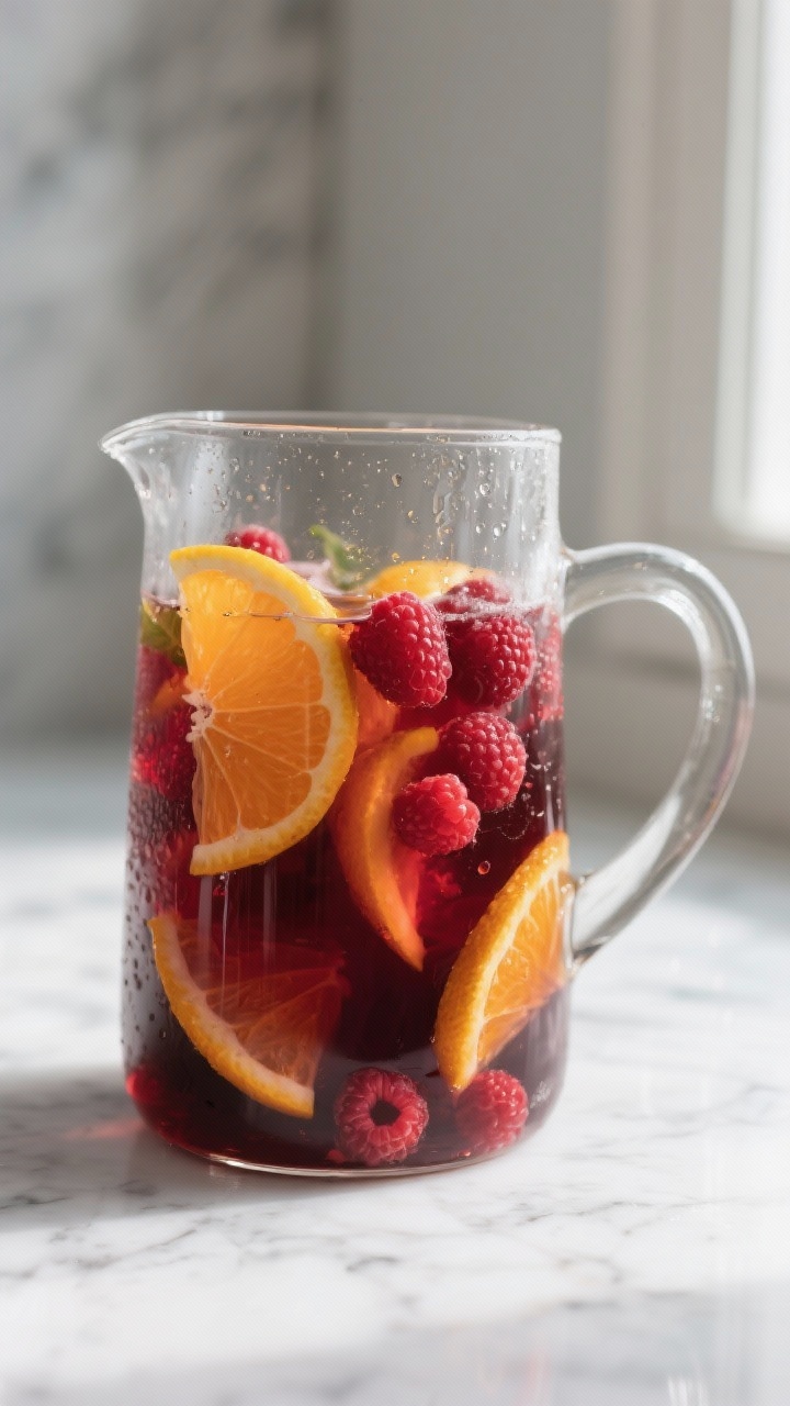 Close-up detail shot of low-carb raspberry sangria mid-prep in a clear glass pitcher: dissolved low-