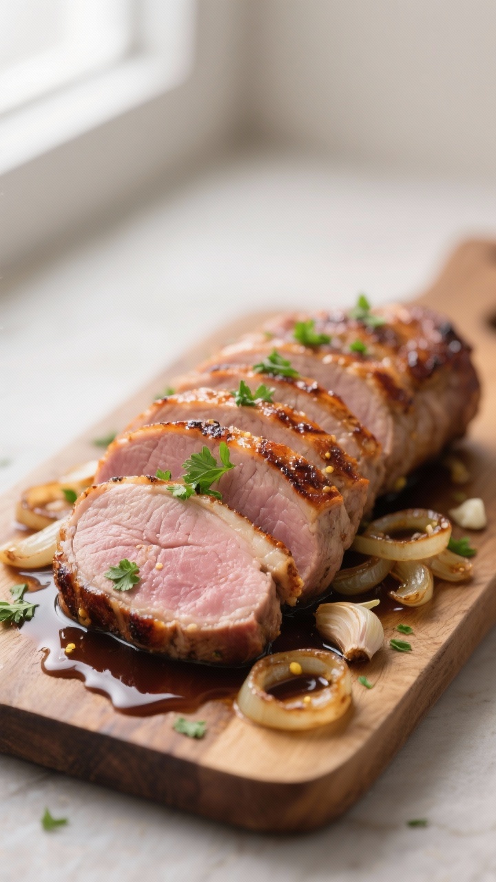 Close-up detail shot: Sliced slow cooker pork tenderloin medallions fanned on a board, edges beautif