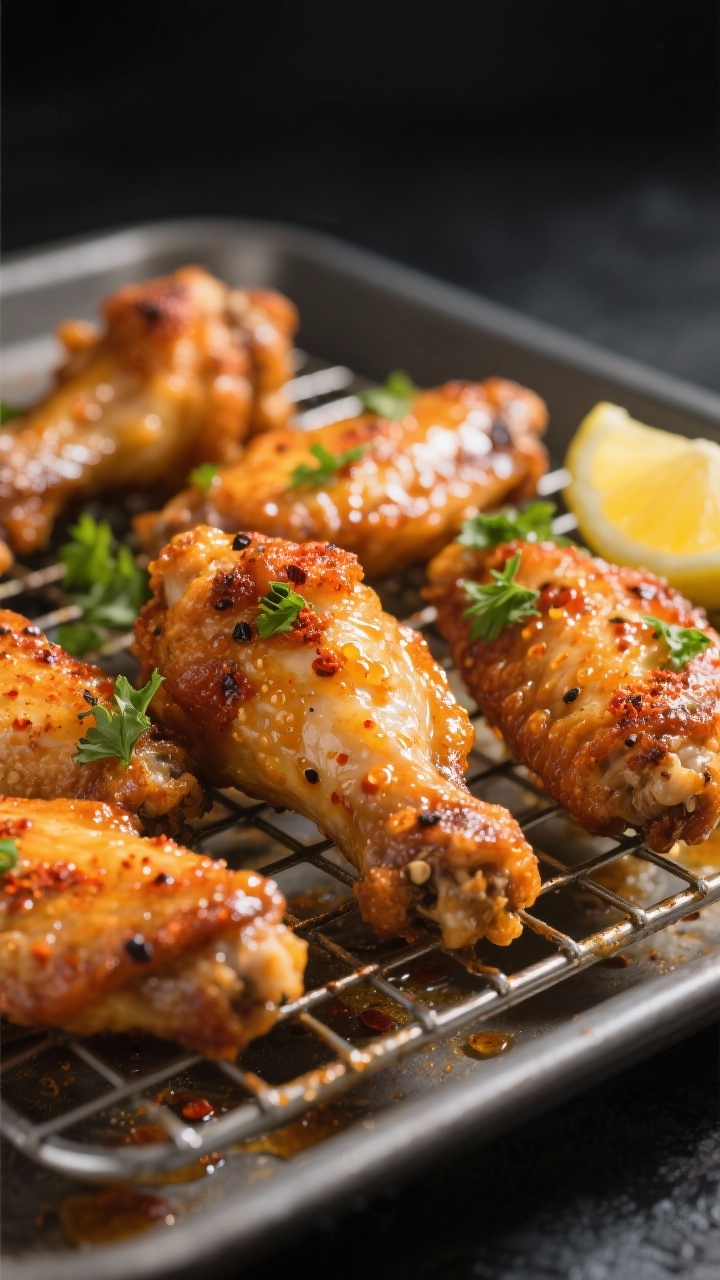 Close-up detail shot: Ultra-crispy keto chicken wings just out of the air fryer, glistening with a b