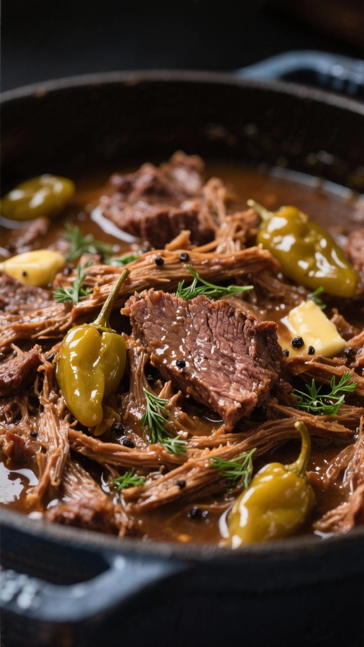 Close-up detail: Shredded Mississippi Pot Roast just returned to its juices in a Dutch oven, glisten