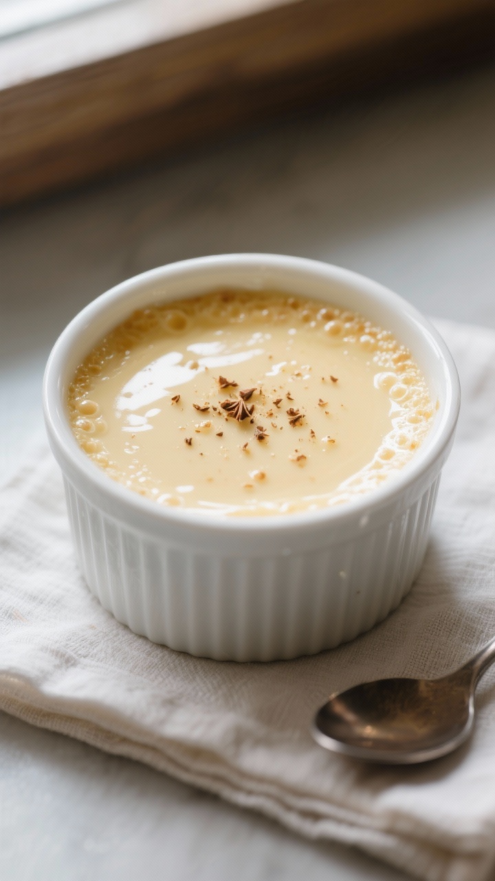 Close-up detail: Silky baked custard just out of the oven in a white ramekin, surface gently jiggly