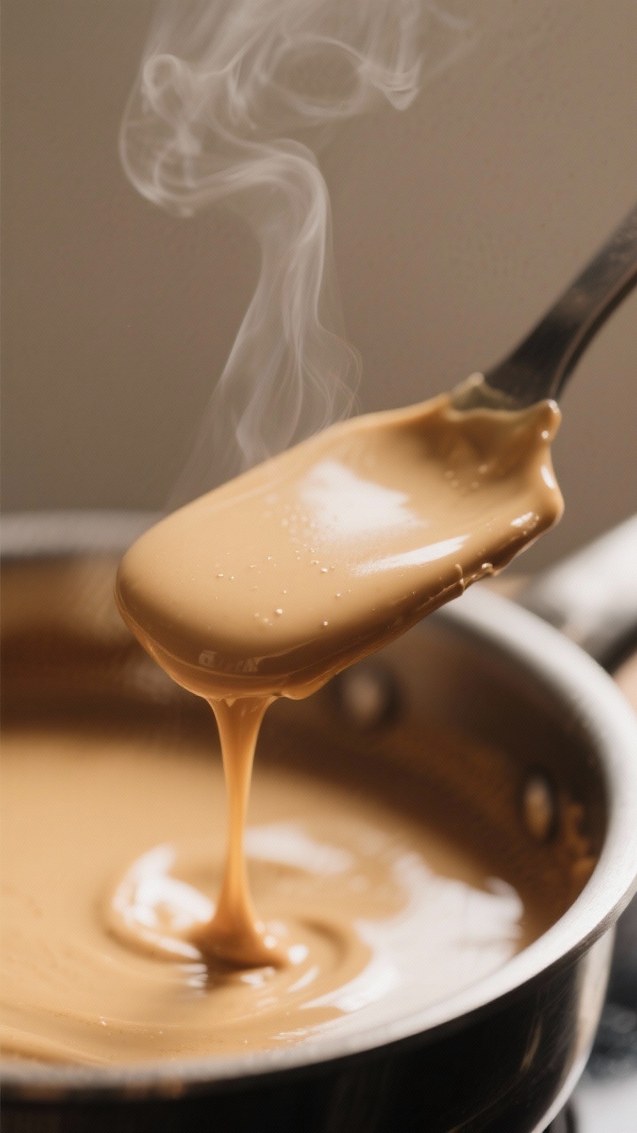 Close-up detail: Silky coffee custard coating the back of a spatula at 170–175°F, glossy surface 