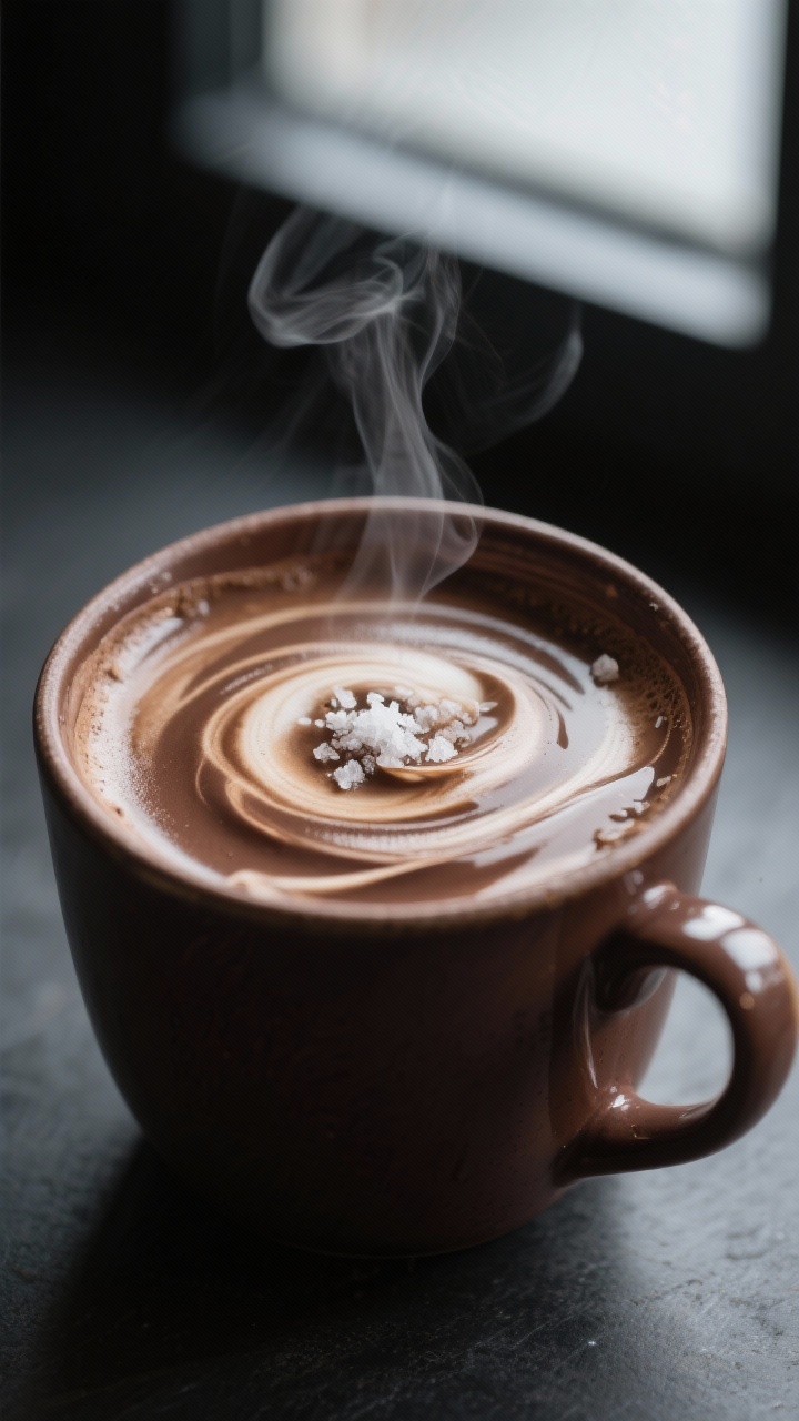 Close-up detail: Silky hot mocha being frothed in a ceramic mug, glossy cocoa base swirling with esp