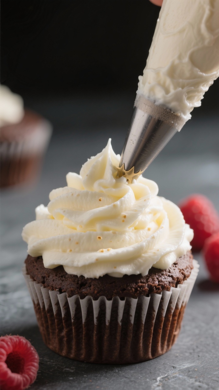 Close-up detail: Silky keto cream cheese frosting being piped onto a cooled chocolate cupcake with a