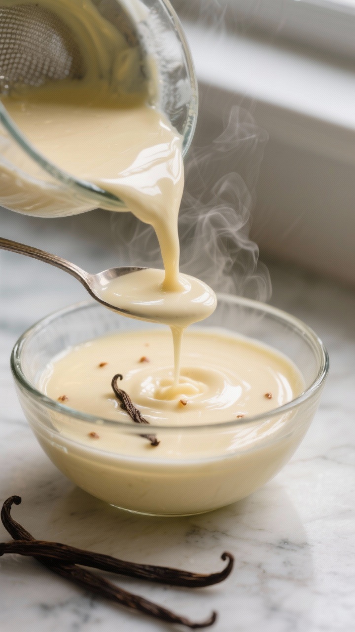 Close-up detail: Silky keto custard being strained into a glass bowl, glossy and smooth with faint v