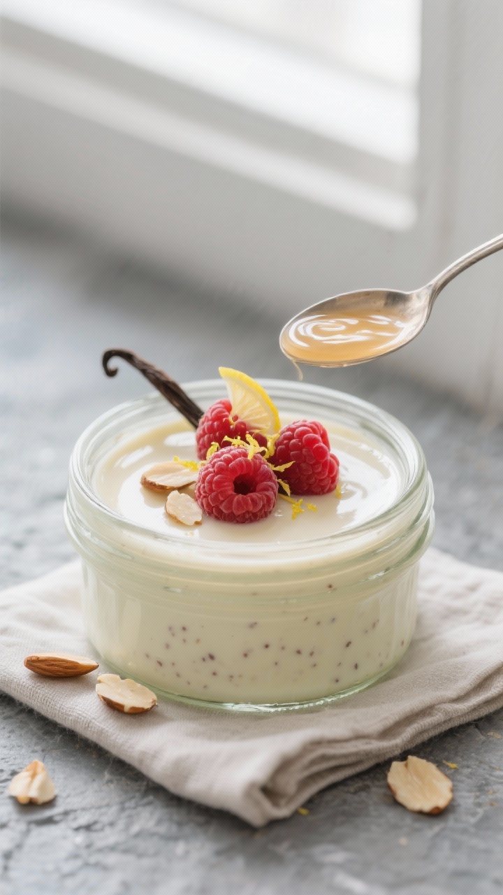Close-up detail: Silky keto vanilla panna cotta just set in small glass jars, surface ultra-smooth w