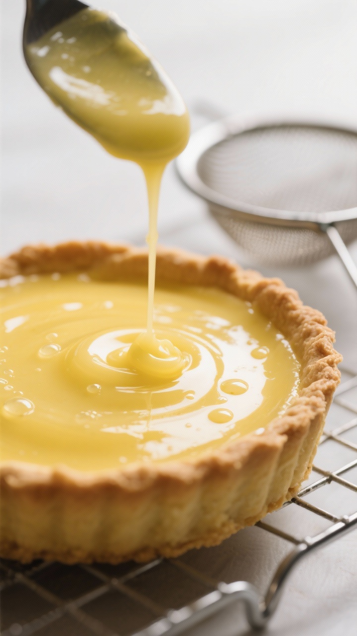 Close-up detail: Silky lemon curd just poured into a fully baked golden tart shell, surface glossy a