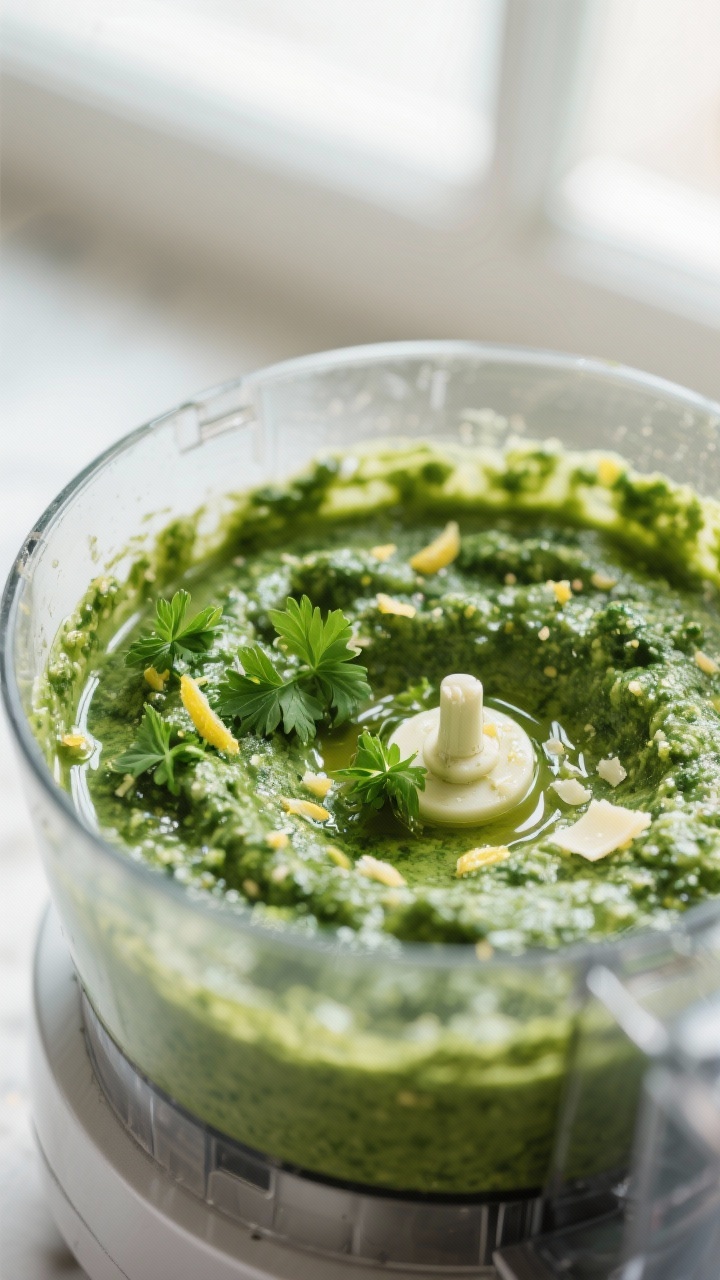 Close-up detail: Silky nut-free pesto just finished in the processor, vibrant emerald-green with vis