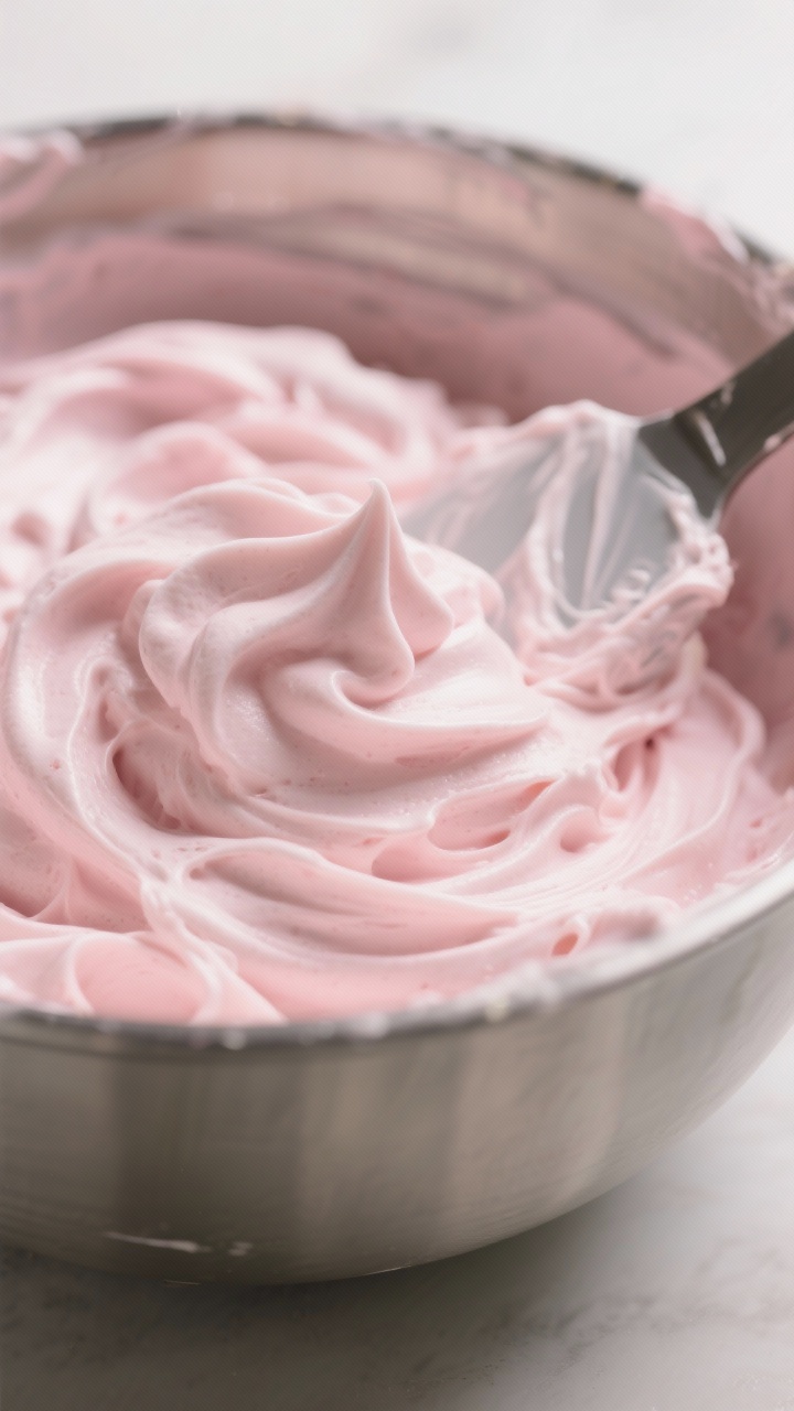 Close-up detail: Silky raspberry mousse folded to perfection—soft, airy swirls with a pale blush p