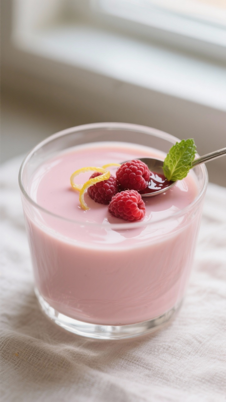 Close-up detail: Silky raspberry panna cotta just set in a clear glass, pale blush-pink with a delic