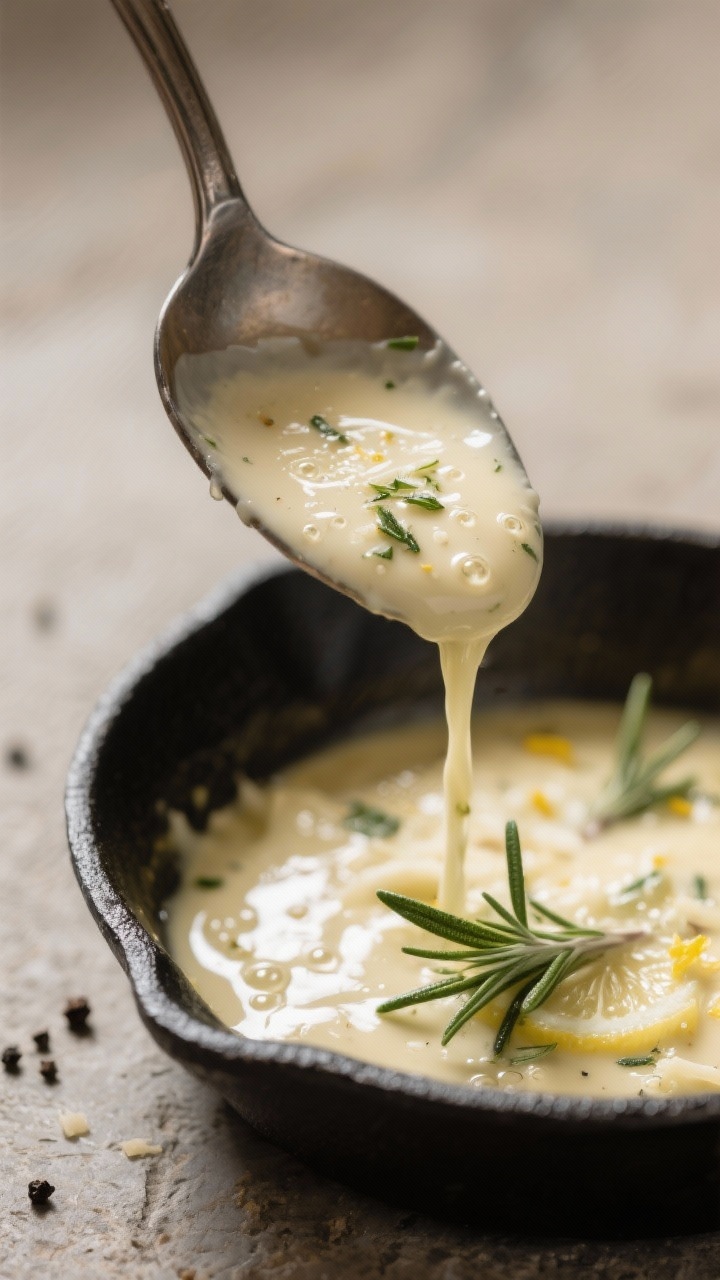 Close-up detail: Silky rosemary cream sauce cascading from a spoon into a simmering skillet, visible