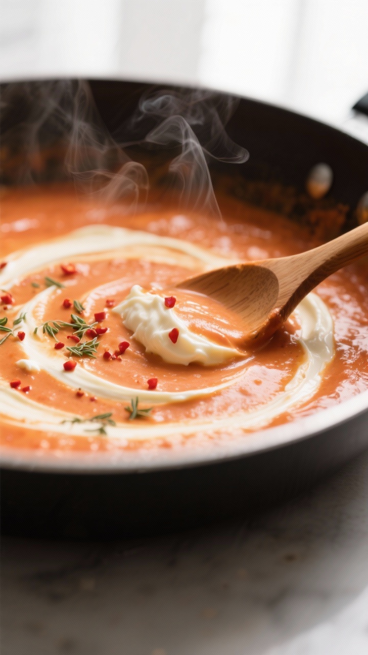 Close-up detail: Silky tomato and mascarpone sauce mid-simmer in a wide skillet, glossy soft-orange 