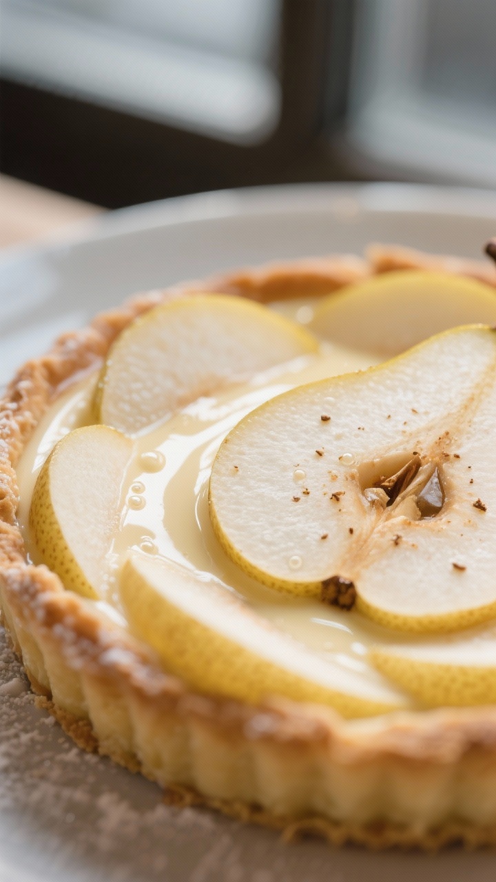 Close-up detail: Silky vanilla custard set around tender pear slices, custard slightly wobbly center