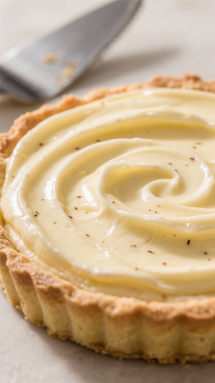 Close-up detail: Silky vanilla pastry cream just spread into the cooled tart shell, glossy and pale