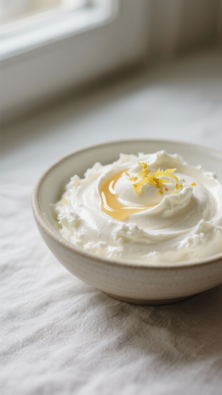 Close-up detail: Silky whipped cottage cheese mousse just after blending, glossy and ultra-smooth wi
