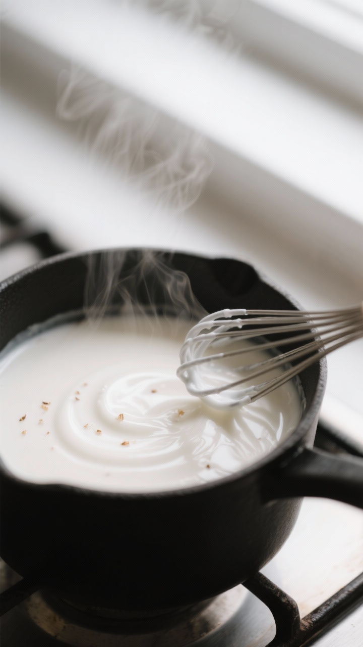 Close-up detail: Silky white hot chocolate being whisked until glossy in a matte black saucepan, ste